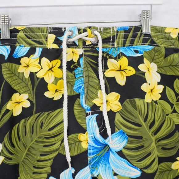 Caribbean Joe Floral Lined Swim Trunks XL 45 / 7.5 High Rise Black Green Yellow - Picture 2 of 7